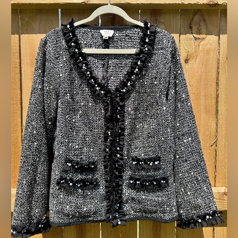 ECI New York Black and White Tweed Blazer with Ruffle Trim